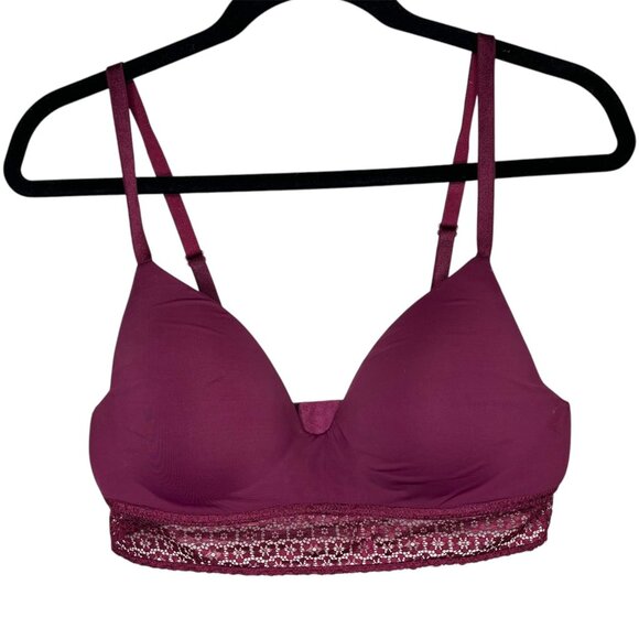 Victorias Secret Burgundy Long Line Lace Trim No Wire Bra 36C - Picture 1 of 9